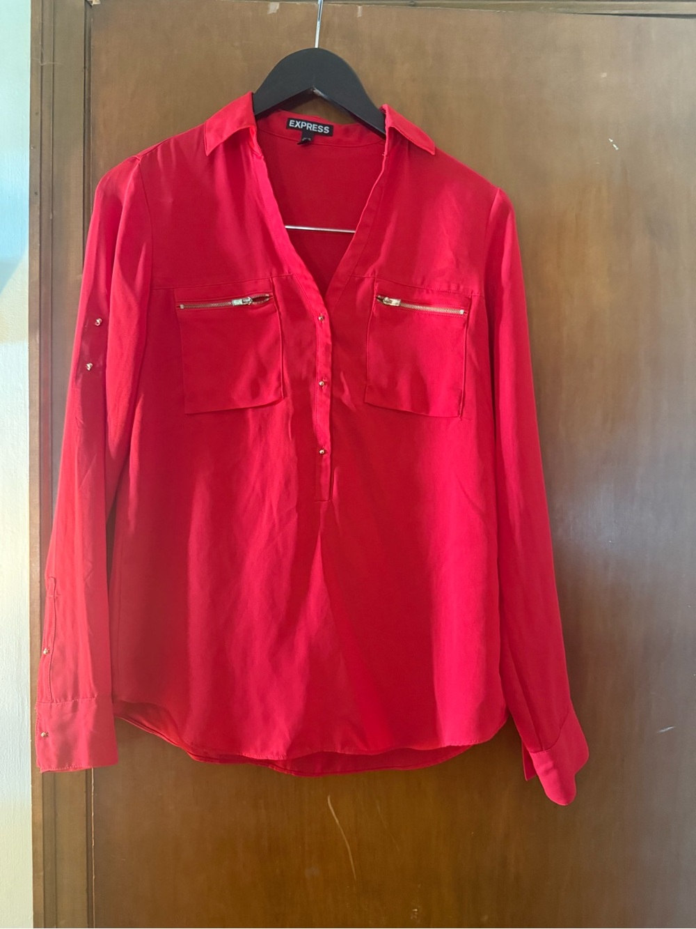 Express Red Long-Sleeve Button-Front Utility Shirt
